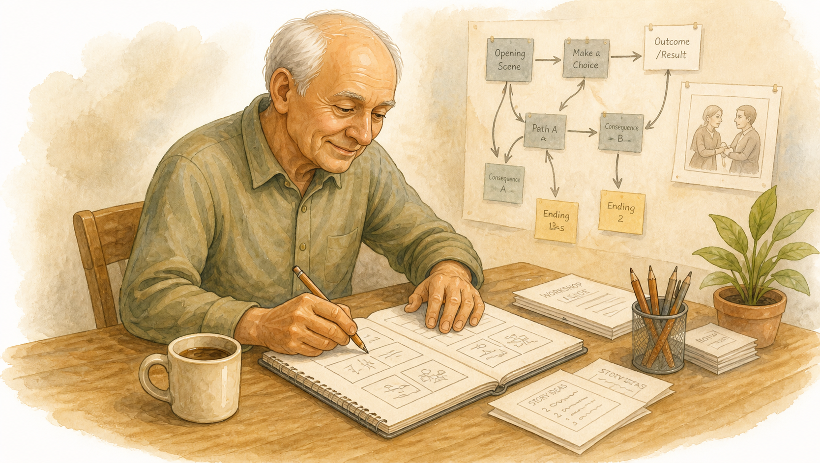 Older adult working on notes