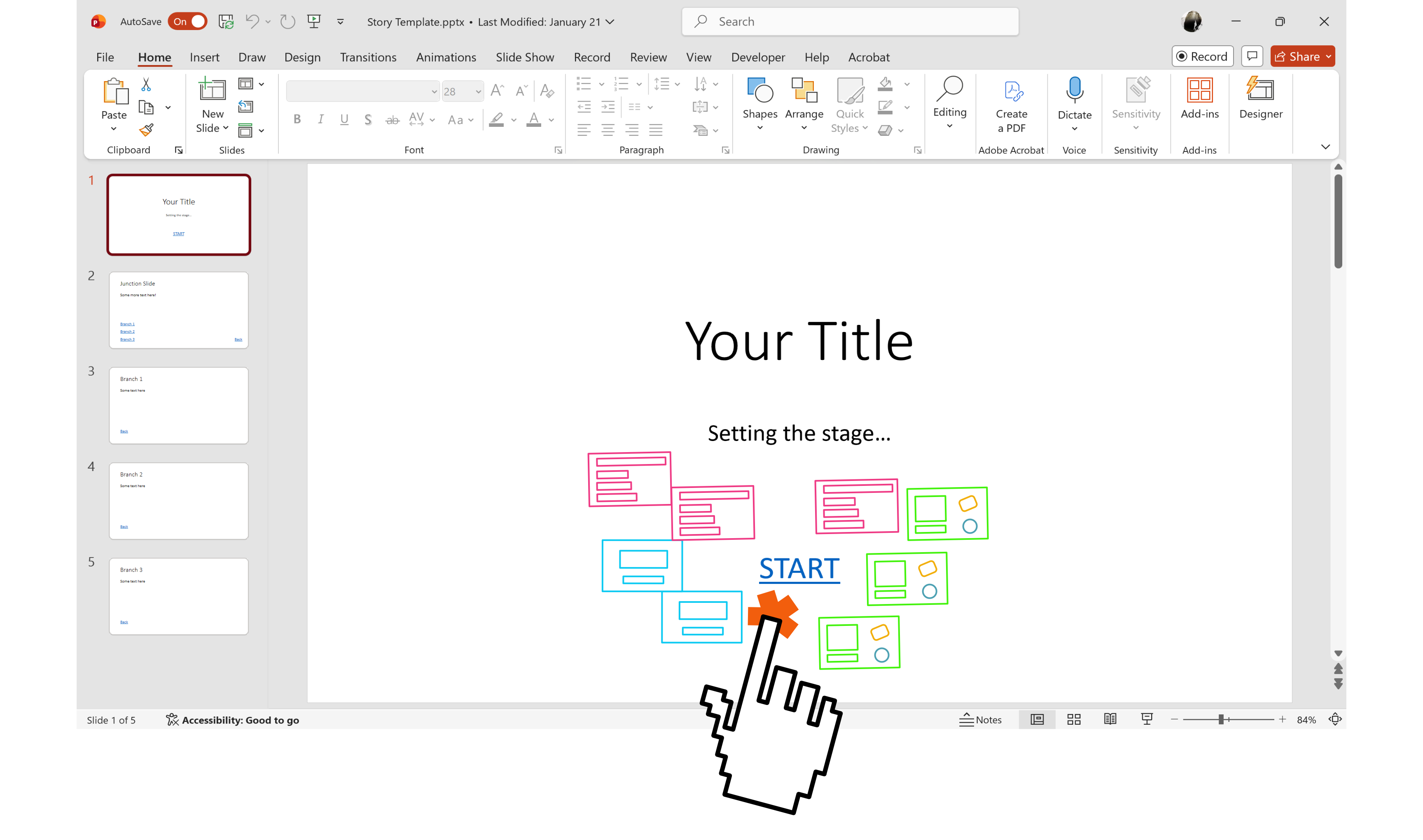 Annotated preview of the interactive story PowerPoint template
